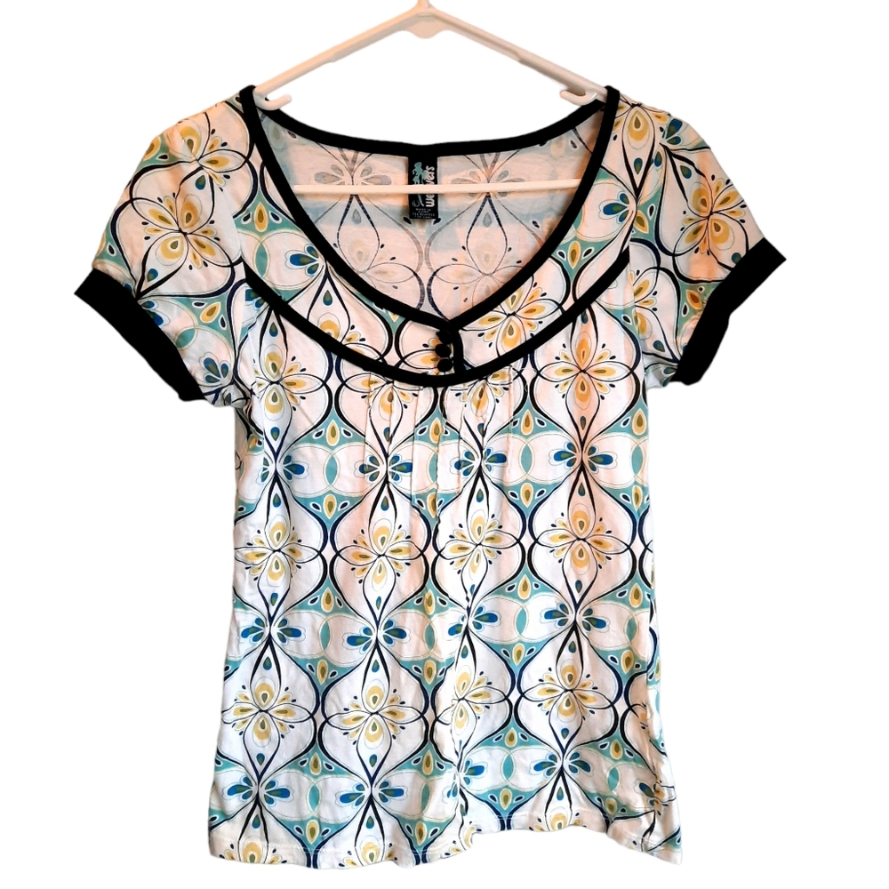 Weavers vintage baby doll print blouse junior large 70s scoop neck geometric Y2K